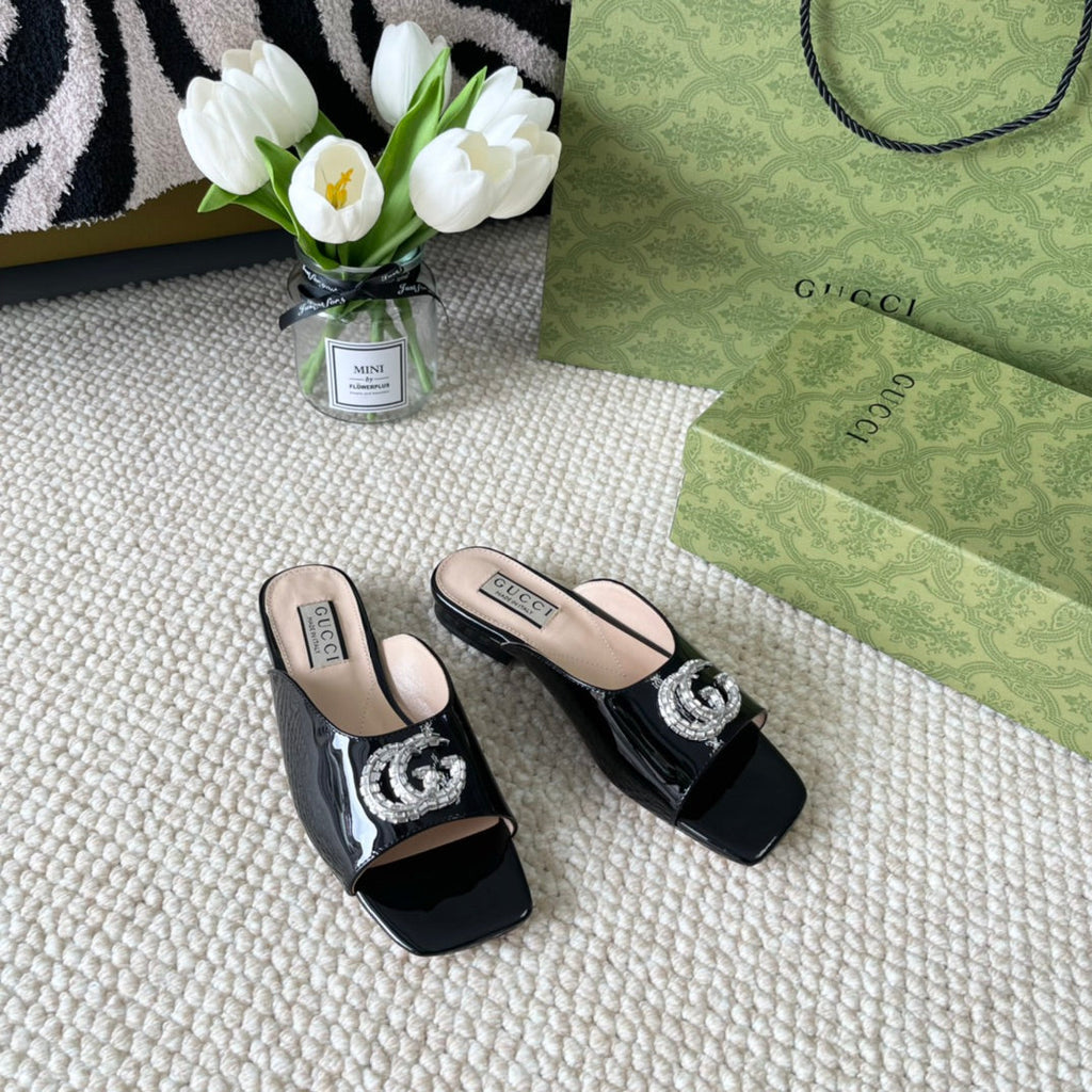GG CRYSTAL SLIDES SANDAL BLACK AND CREAM CALFSKIN
