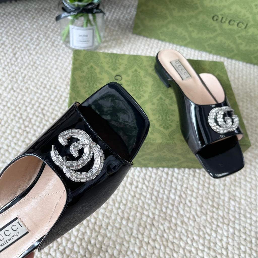 GG CRYSTAL SLIDES SANDAL BLACK AND CREAM CALFSKIN