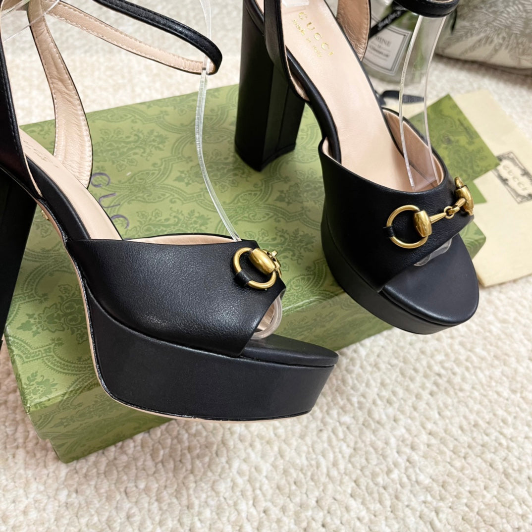 Horsebit 11cm Platform Sandal Black Calfskin
