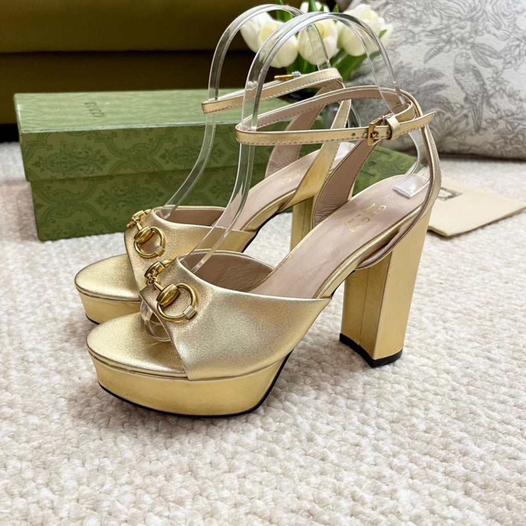 Horsebit 11cm Platform Sandal Gold Metalic Calfskin