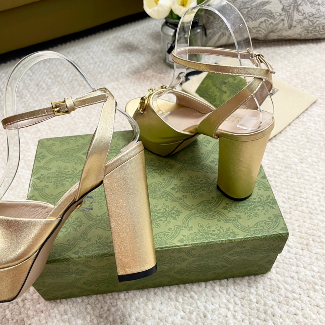 Horsebit 11cm Platform Sandal Gold Metalic Calfskin