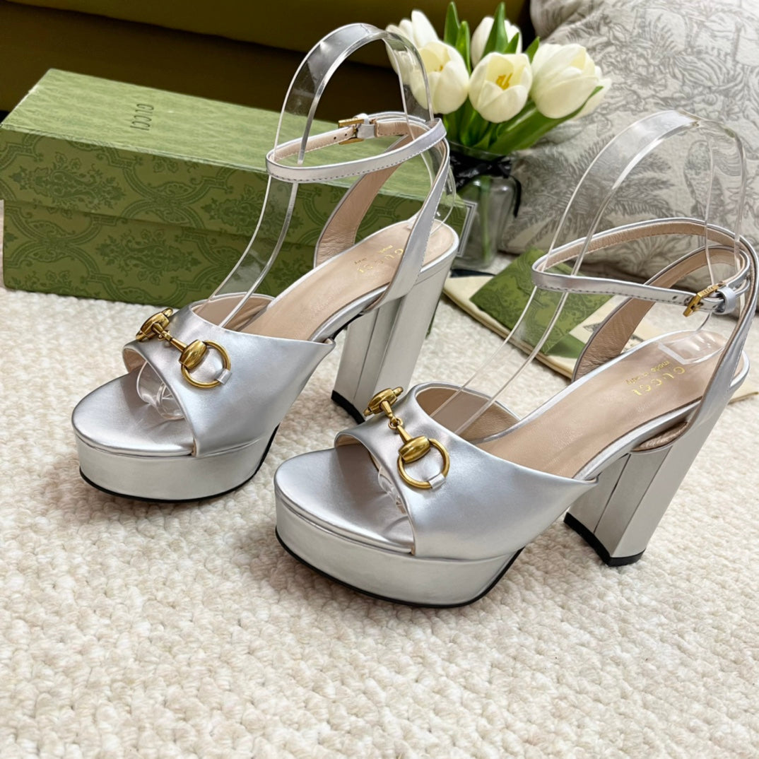 Horsebit 11cm Platform Sandal Silver Metalic Calfskin