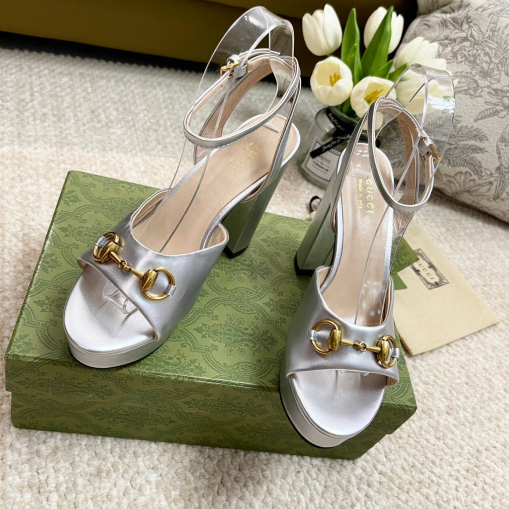 Horsebit 11cm Platform Sandal Silver Metalic Calfskin