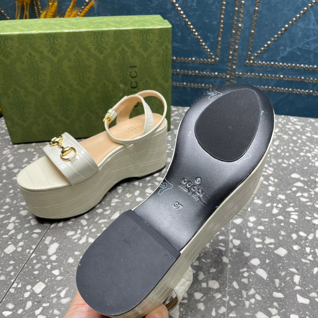 GG  HORSEBIT FLATFORM SANDAL GLOSSY WHITE CALFSKIN