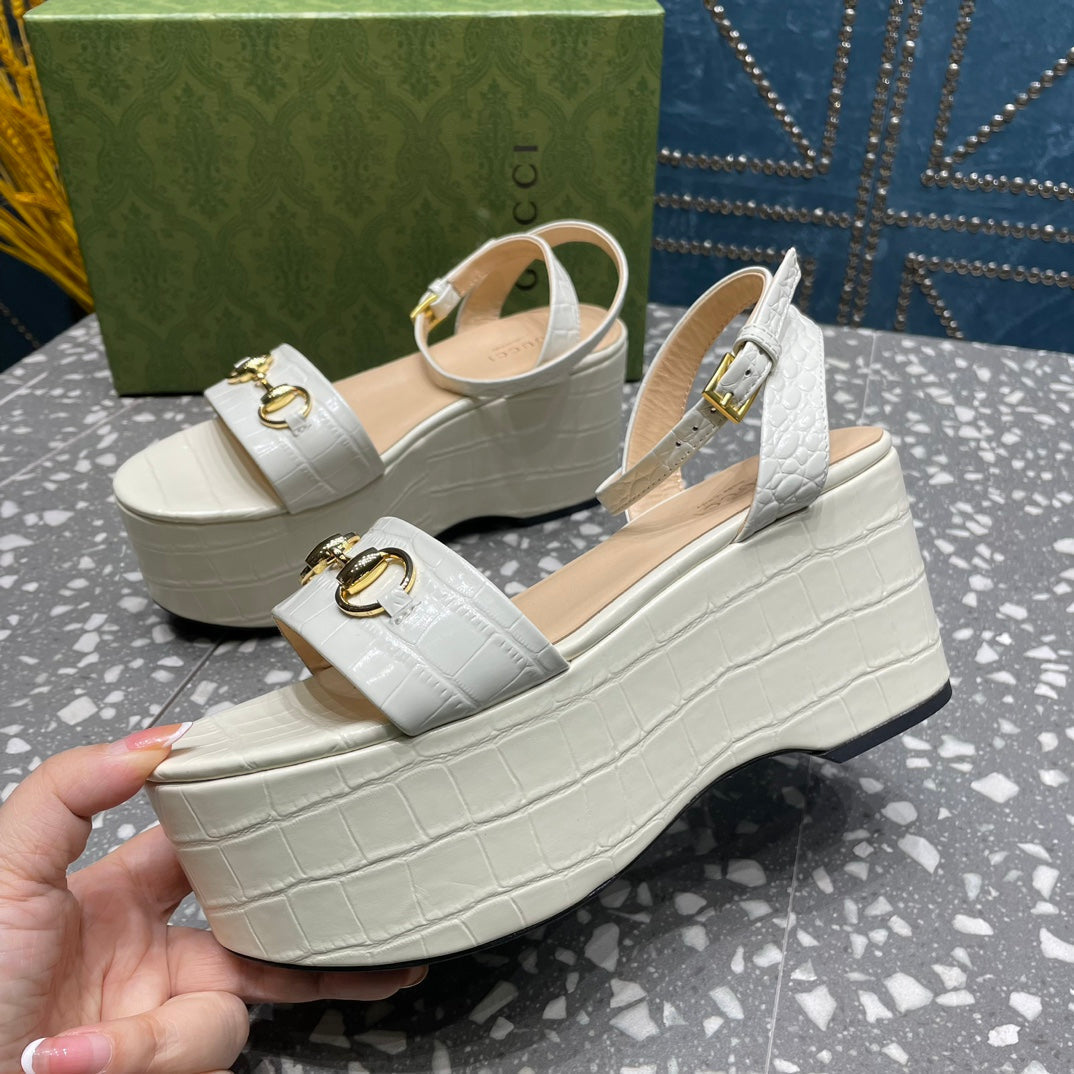 GG  HORSEBIT FLATFORM SANDAL GLOSSY WHITE CALFSKIN