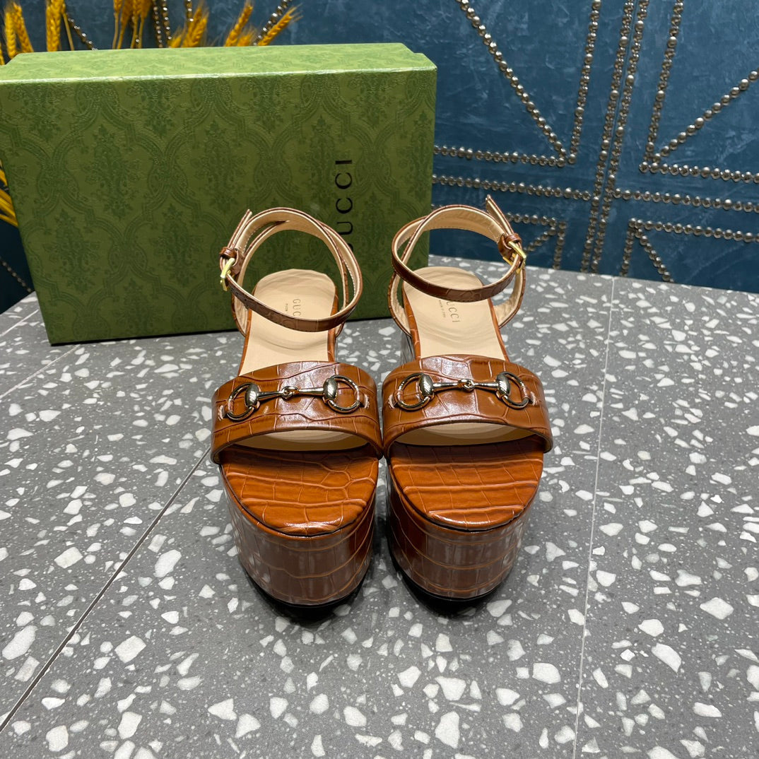 GG  HORSEBIT FLATFORM SANDAL CARAMEL CALFSKIN