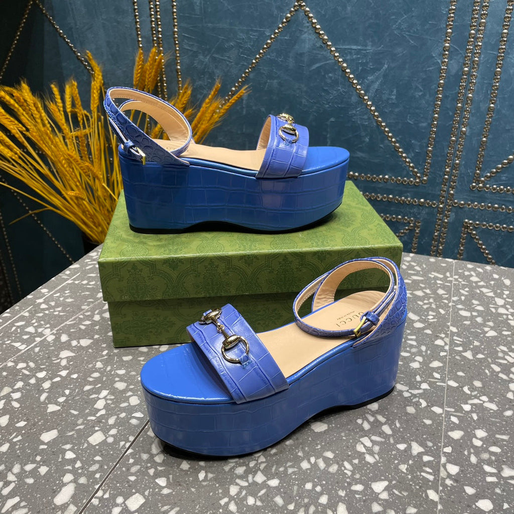 GG  HORSEBIT FLATFORM SANDAL COBALT CALFSKIN