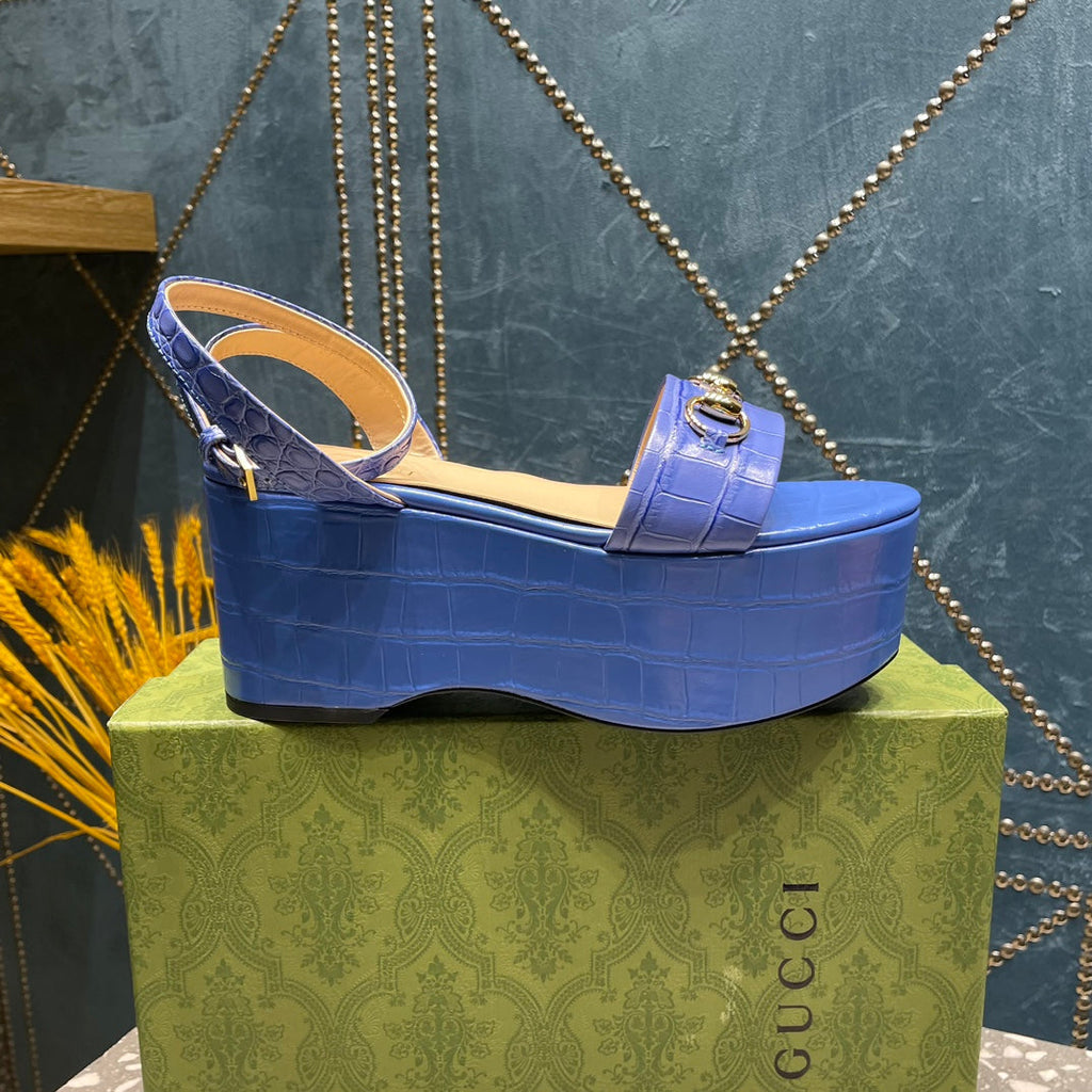 GG  HORSEBIT FLATFORM SANDAL COBALT CALFSKIN