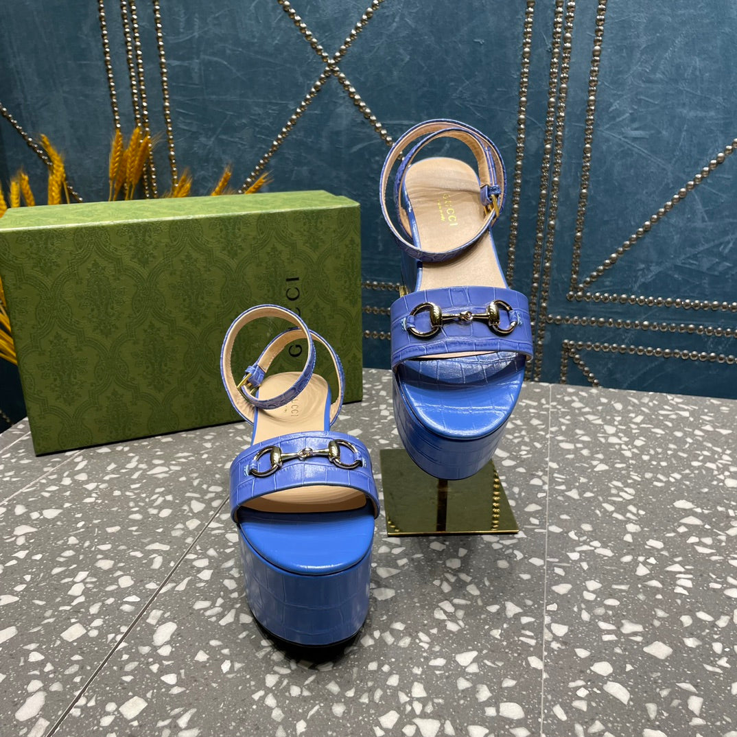 GG  HORSEBIT FLATFORM SANDAL COBALT CALFSKIN
