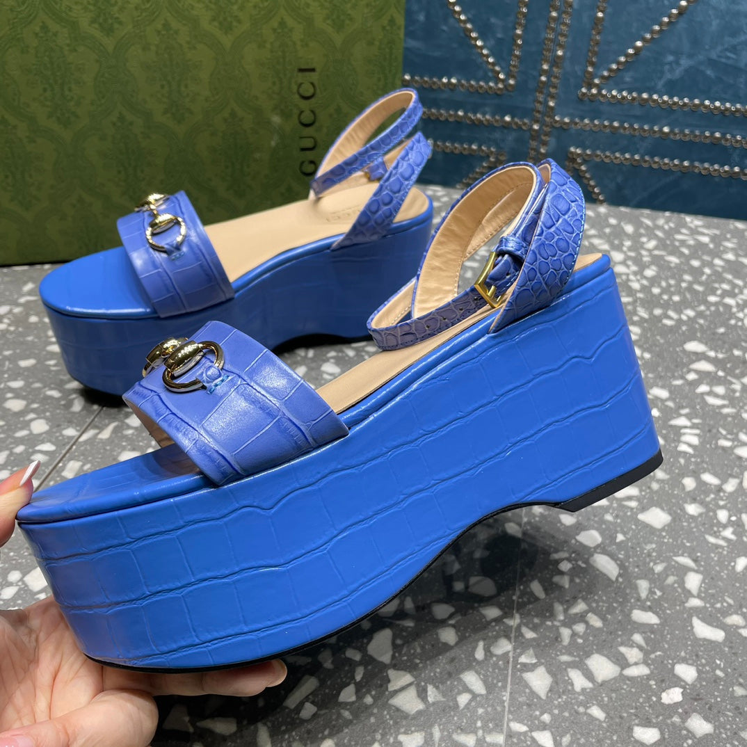 GG  HORSEBIT FLATFORM SANDAL COBALT CALFSKIN
