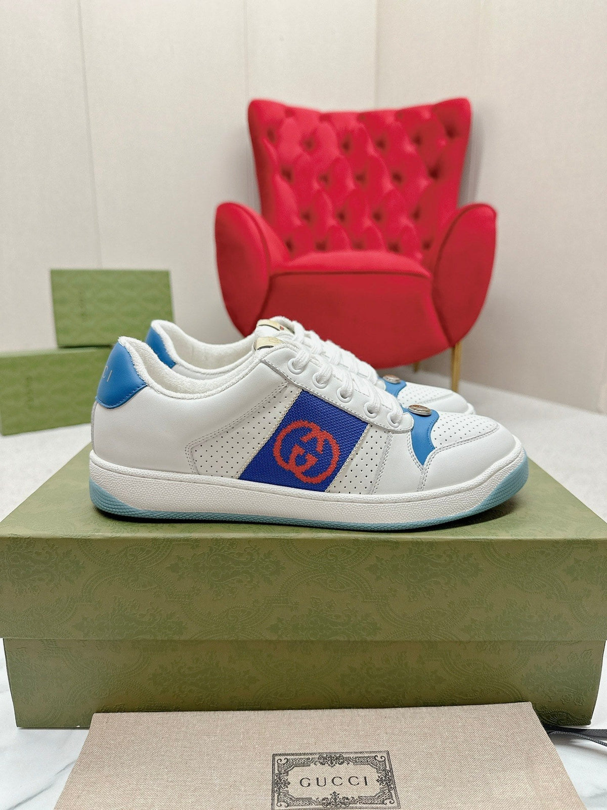 GG WOMEN'S SCREENER TRAINER WHITE AND BLUE CALFSKIN