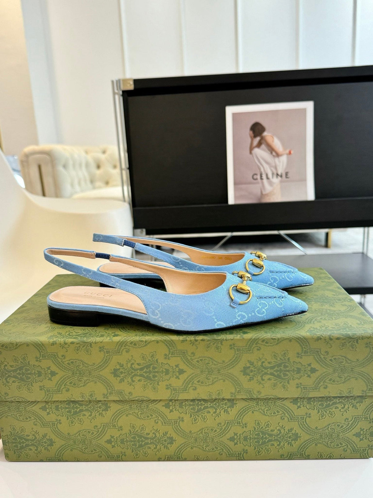 GG HORSEBIT SLINGBACK BALLET FLAT SKY CANVAS