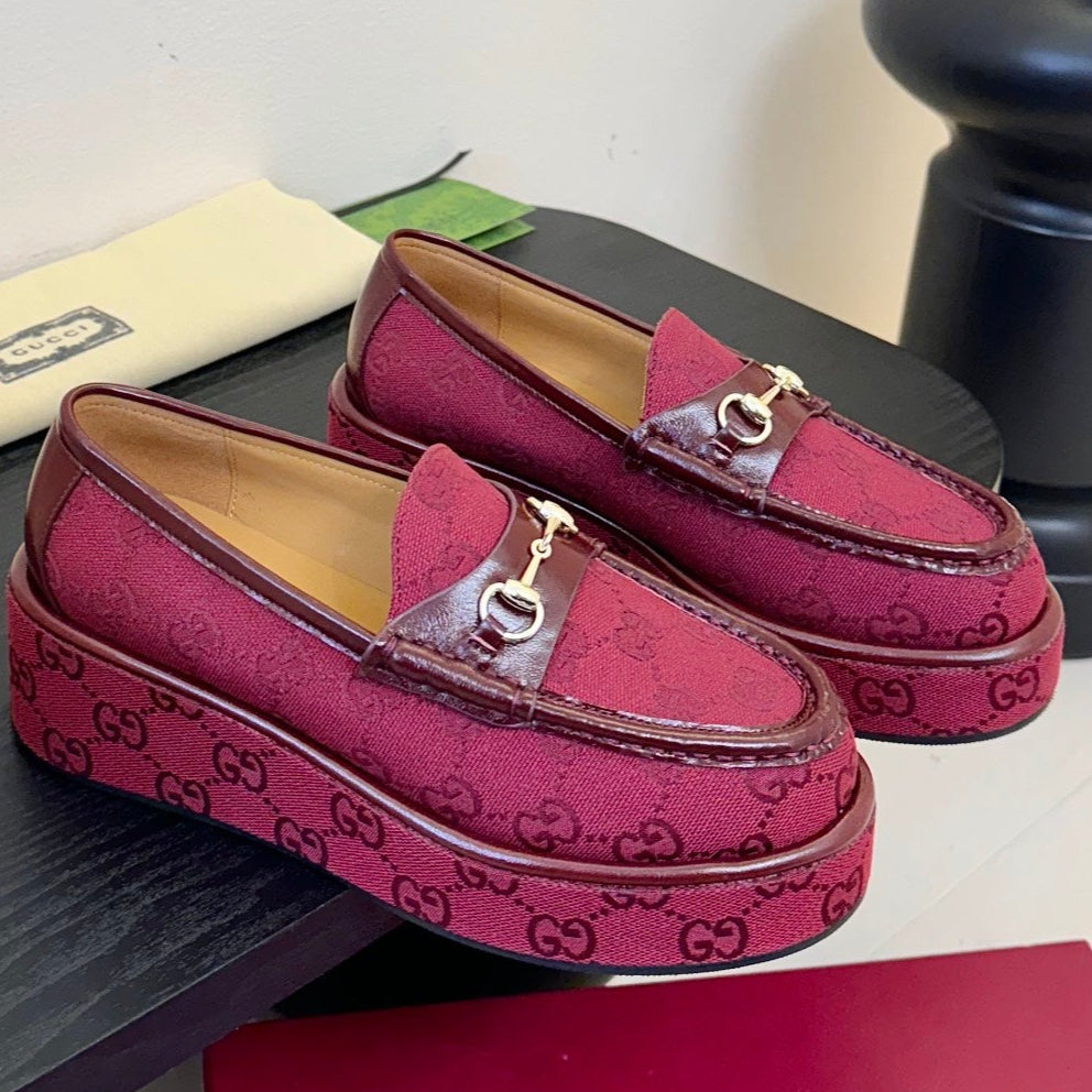 GC 2025 Horsebit Wedge Loafer Red Canvas Cowhide 296842