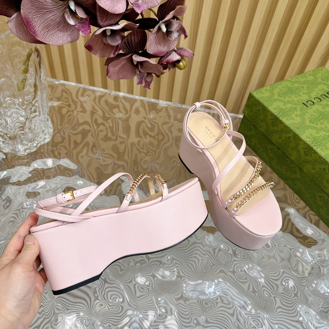 GG PLATFORM SANDAL PASTEL PINK CALFSKIN WITH CHAINS