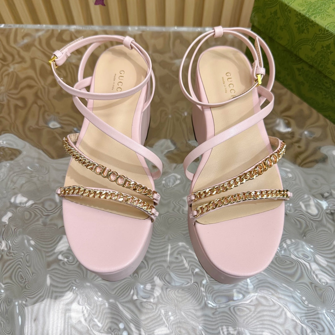 GG PLATFORM SANDAL PASTEL PINK CALFSKIN WITH CHAINS