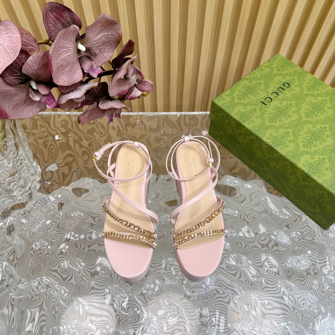 GG PLATFORM SANDAL PASTEL PINK CALFSKIN WITH CHAINS