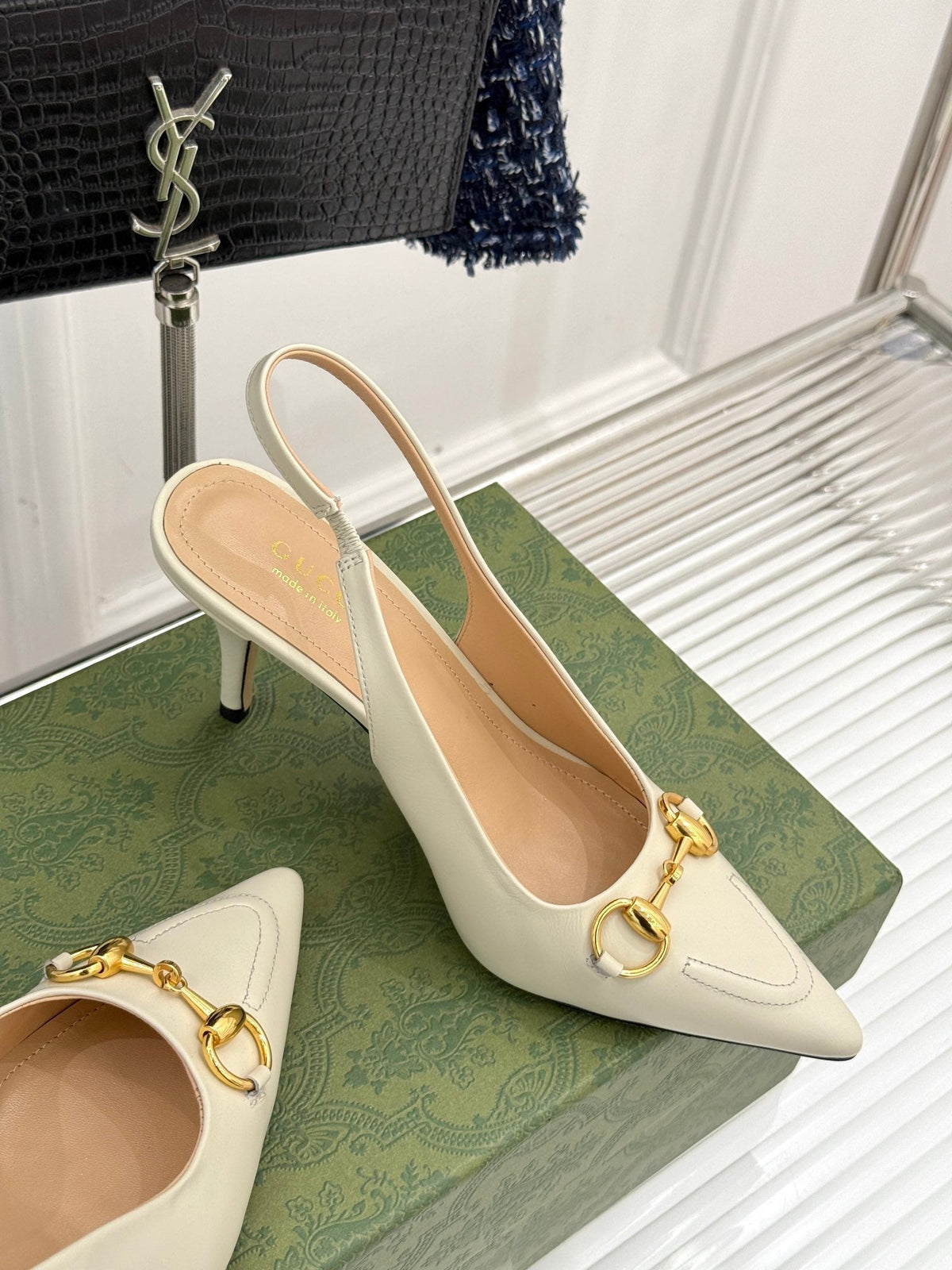 GG Horsebit Slingback 85MM Cream Leather Point Toe