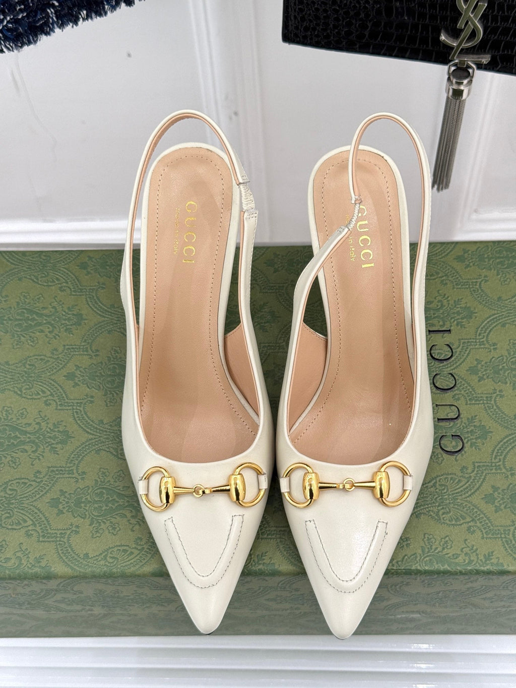 GG Horsebit Slingback 85MM Cream Leather Point Toe