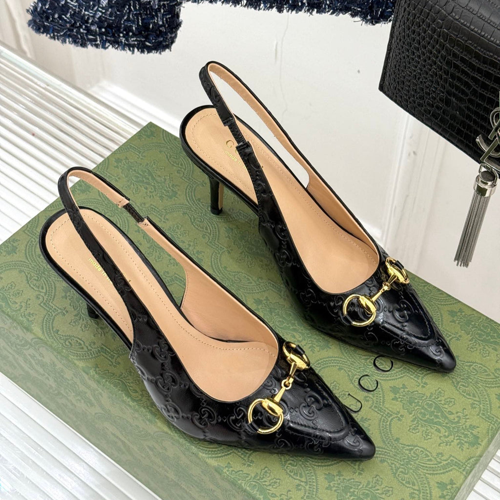 GG Horsebit Slingback 100MM Black GG Leather Point Toe