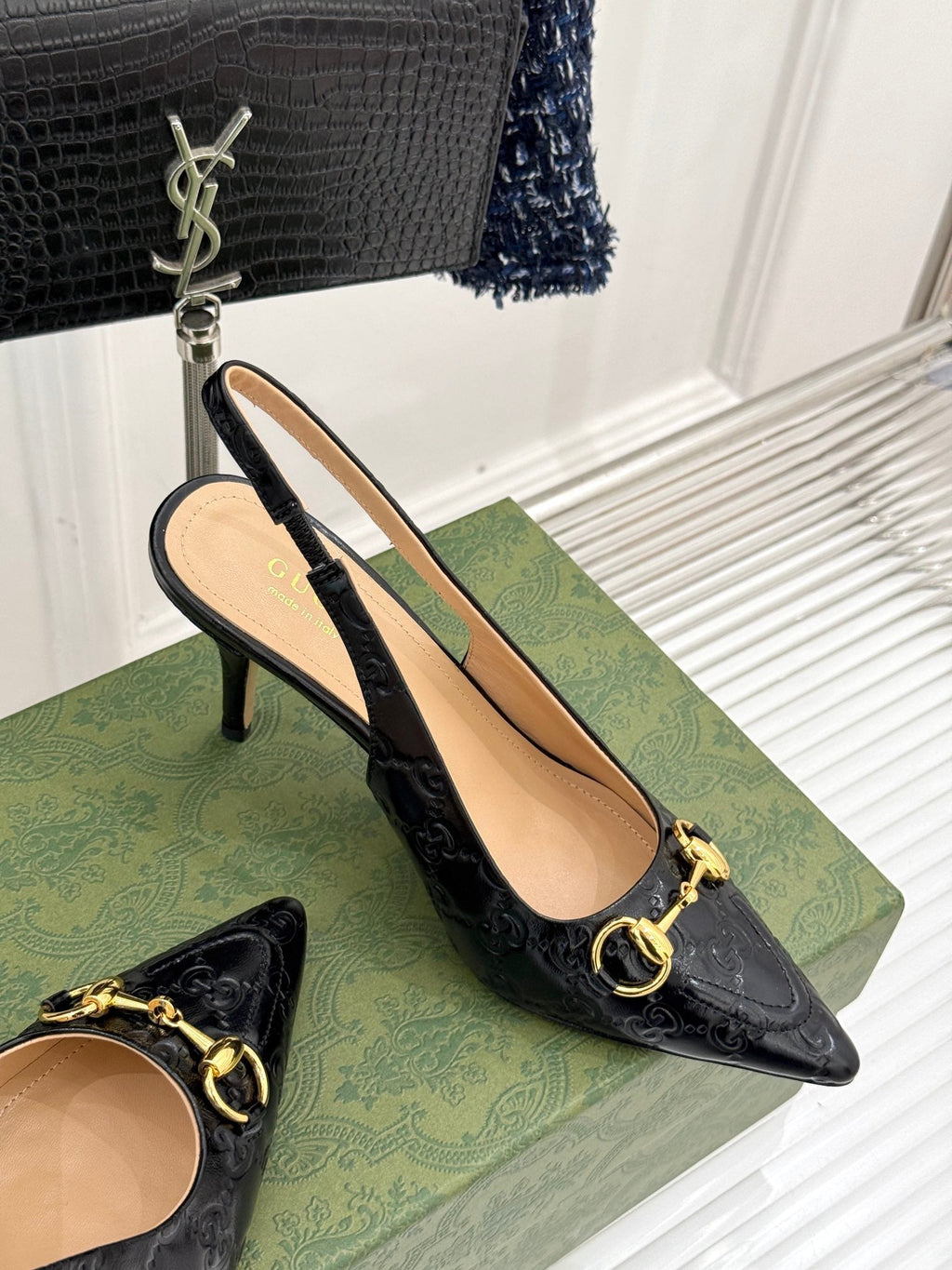 GG Horsebit Slingback 100MM Black GG Leather Point Toe