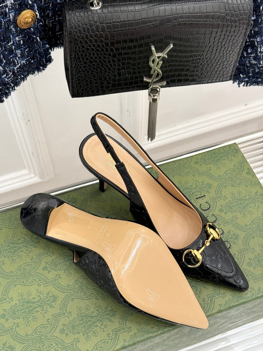GG Horsebit Slingback 100MM Black GG Leather Point Toe