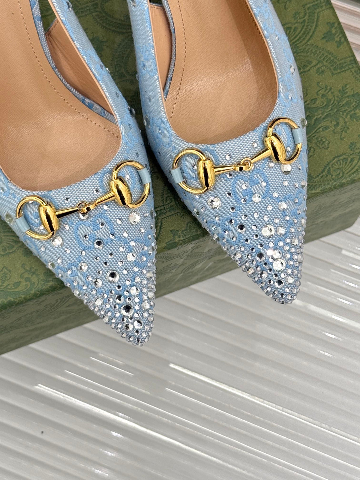 GG Horsebit Slingback 85MM Beige Cloud Blue Monogram Canvas Point Toe Crystal-Embellished