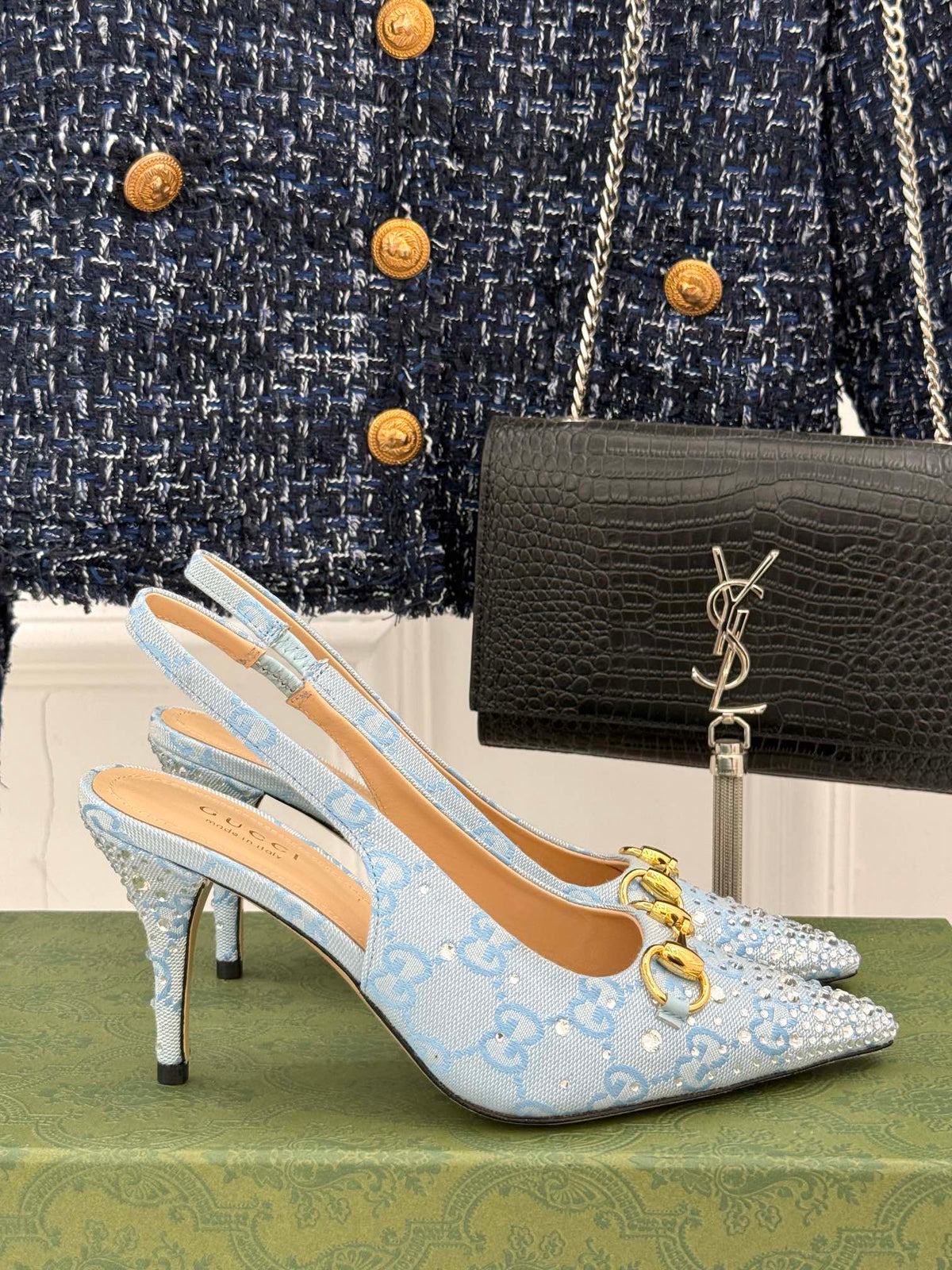 GG Horsebit Slingback 85MM Beige Cloud Blue Monogram Canvas Point Toe Crystal-Embellished