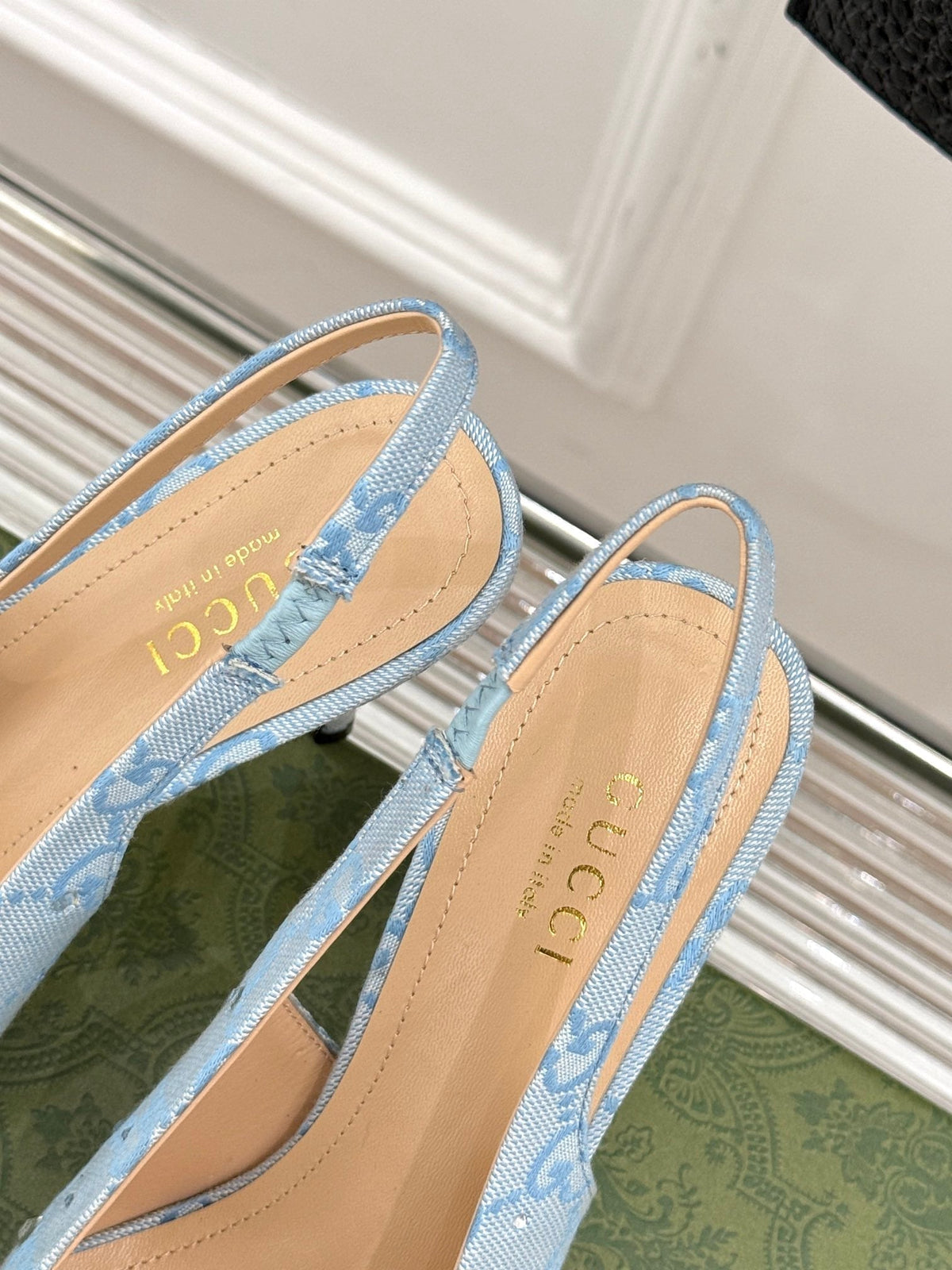 GG Horsebit Slingback 85MM Beige Cloud Blue Monogram Canvas Point Toe Crystal-Embellished