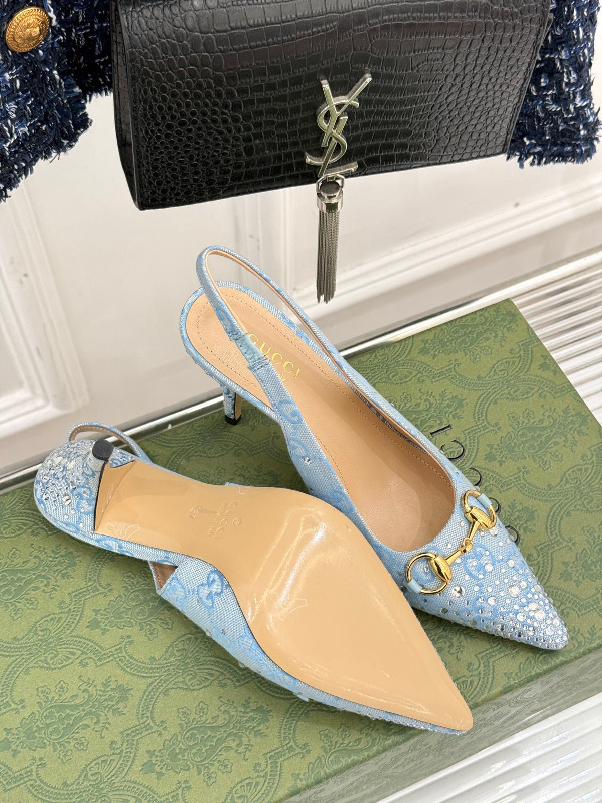 GG Horsebit Slingback 85MM Beige Cloud Blue Monogram Canvas Point Toe Crystal-Embellished