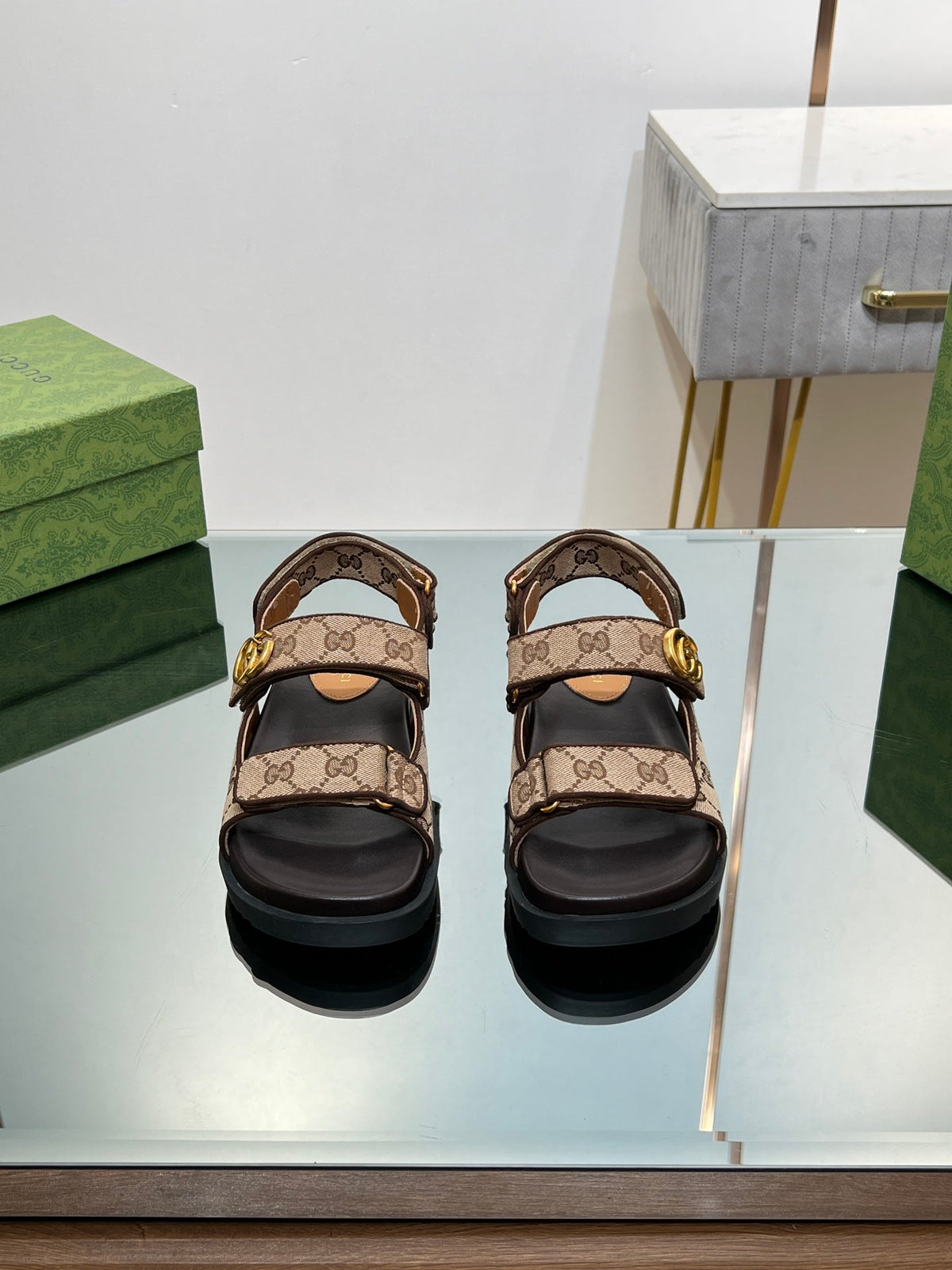 GG  SANDAL WITH DOUBLE G PECAN CARO LAMBSKIN