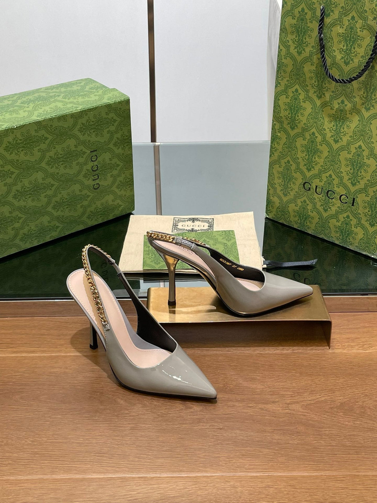 GG HIGH SLINGBACK 10.5 CM IN DOVE GREY GLOSSY CALFSKIN