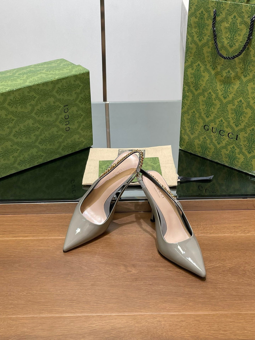 GG HIGH SLINGBACK 10.5 CM IN DOVE GREY GLOSSY CALFSKIN