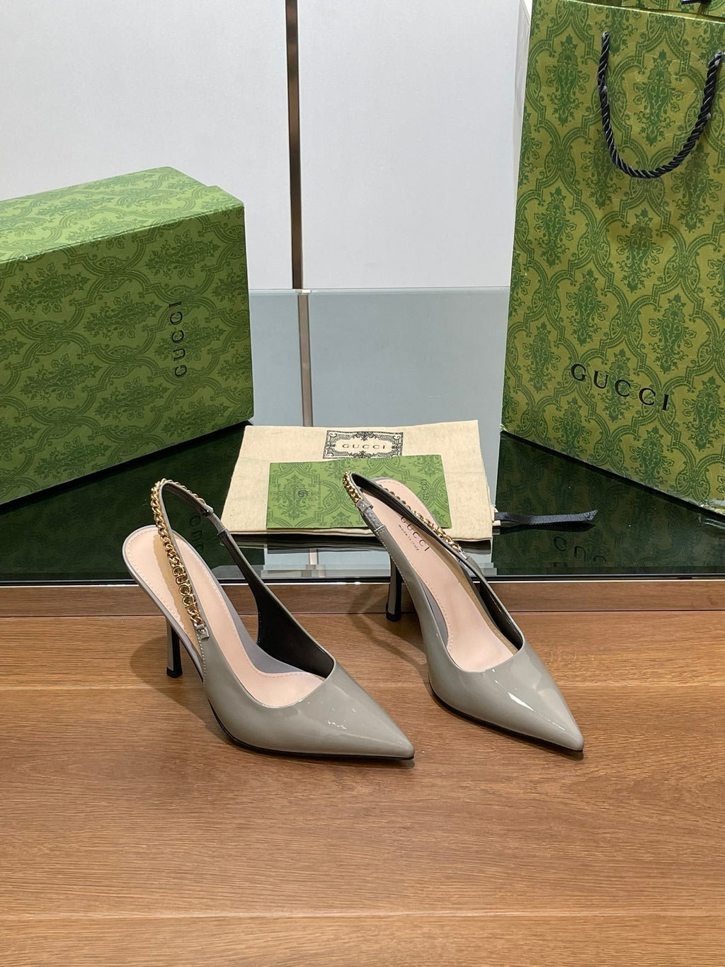 GG HIGH SLINGBACK 10.5 CM IN DOVE GREY GLOSSY CALFSKIN