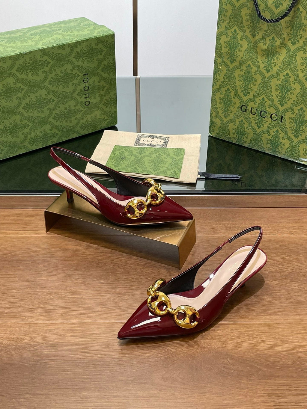 GG MID-HEELED SLINGBACK 4.5 CM IN WINE RED GLOSSY CALFSKIN