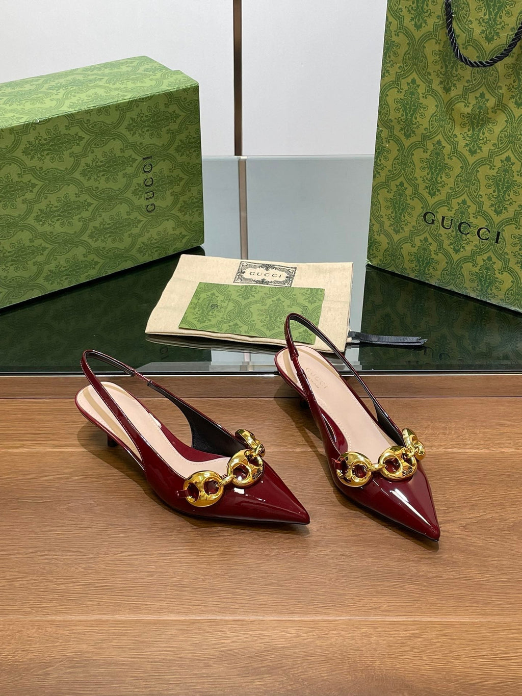GG MID-HEELED SLINGBACK 4.5 CM IN WINE RED GLOSSY CALFSKIN