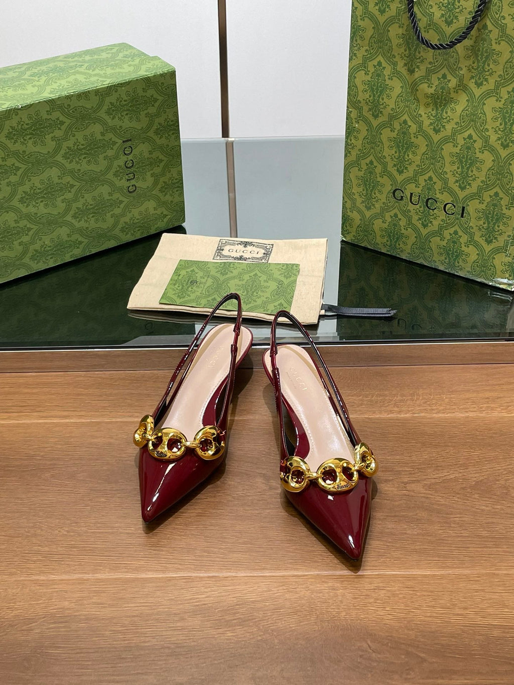 GG MID-HEELED SLINGBACK 4.5 CM IN WINE RED GLOSSY CALFSKIN