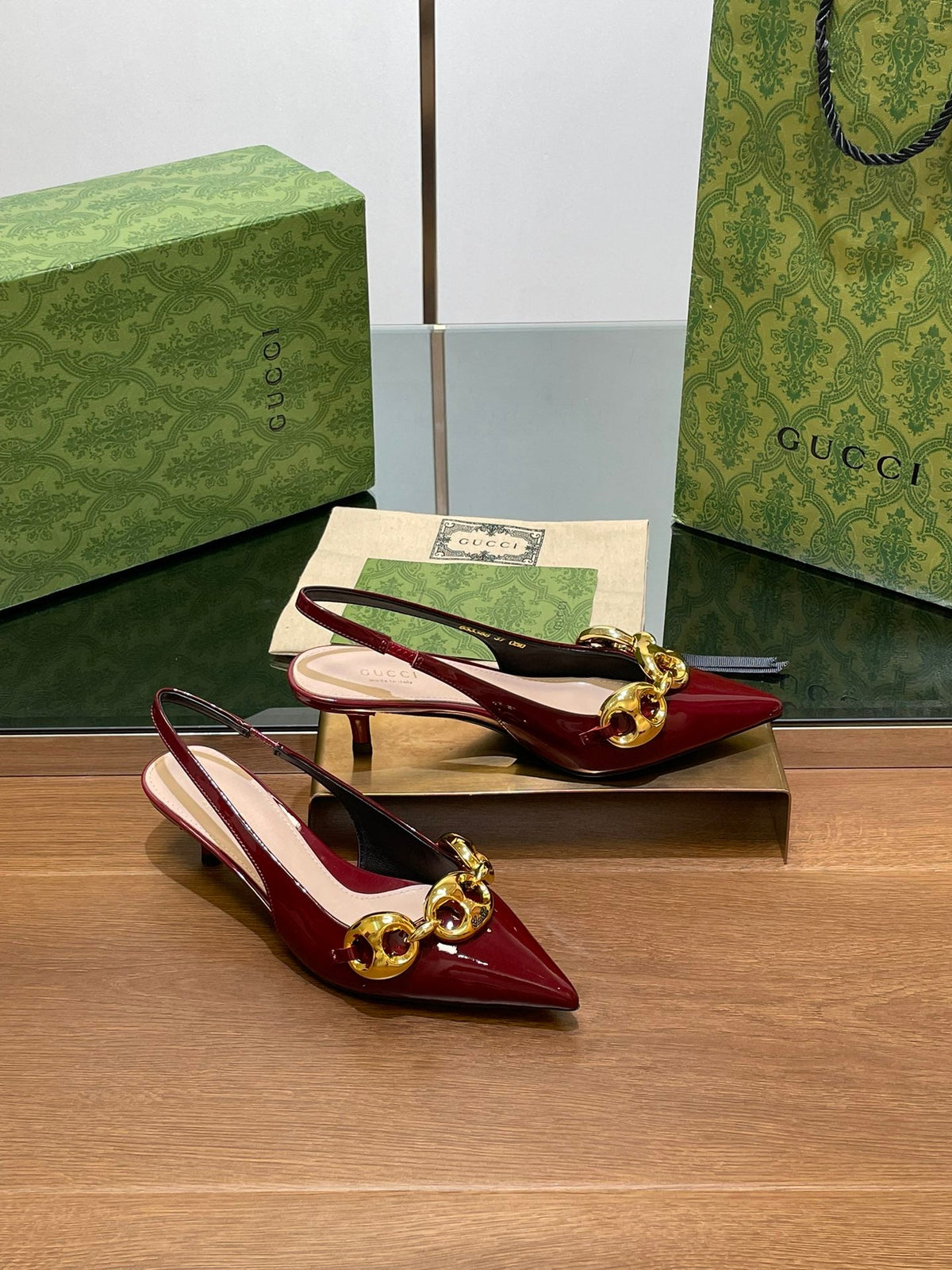 GG MID-HEELED SLINGBACK 4.5 CM IN WINE RED GLOSSY CALFSKIN