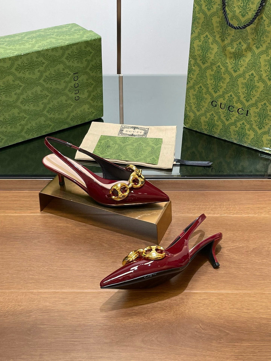 GG MID-HEELED SLINGBACK 4.5 CM IN WINE RED GLOSSY CALFSKIN