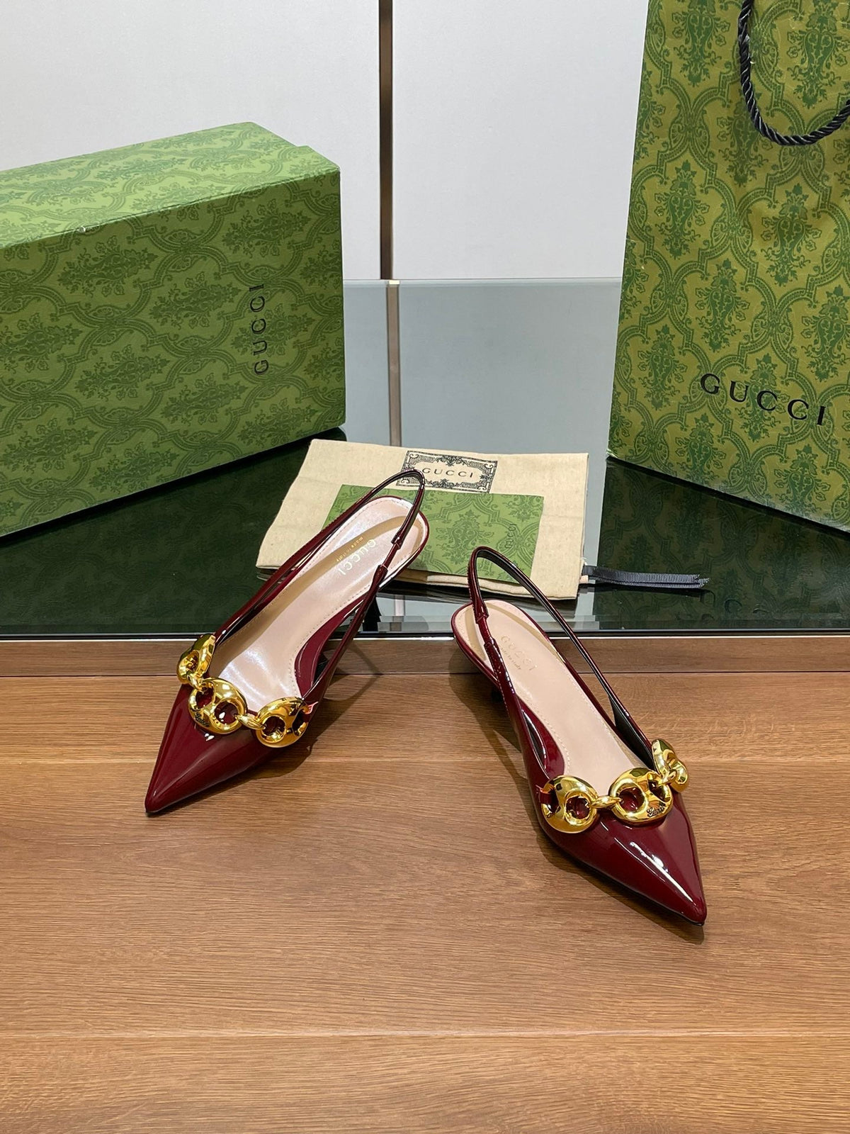 GG MID-HEELED SLINGBACK 4.5 CM IN WINE RED GLOSSY CALFSKIN