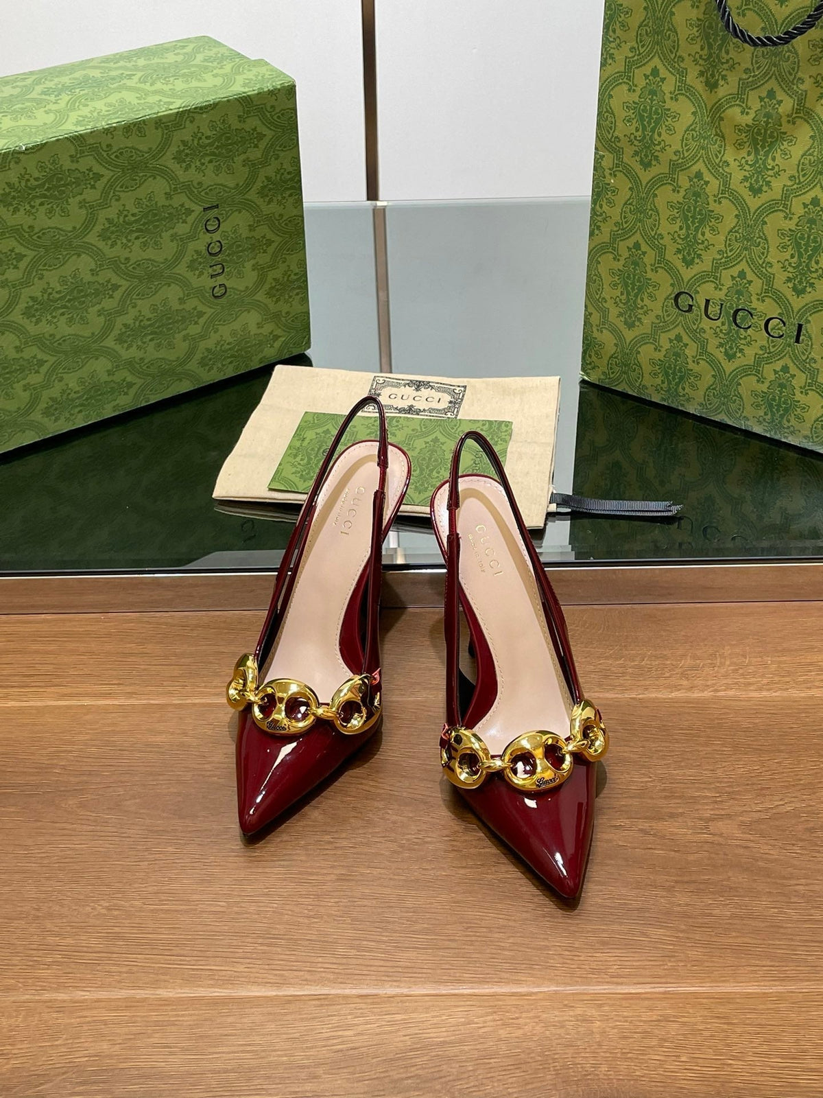 GG HIGH SLINGBACK 10.5 CM IN WINE RED GLOSSY CALFSKIN