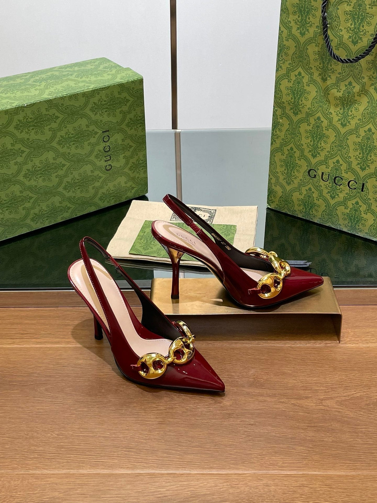 GG HIGH SLINGBACK 10.5 CM IN WINE RED GLOSSY CALFSKIN