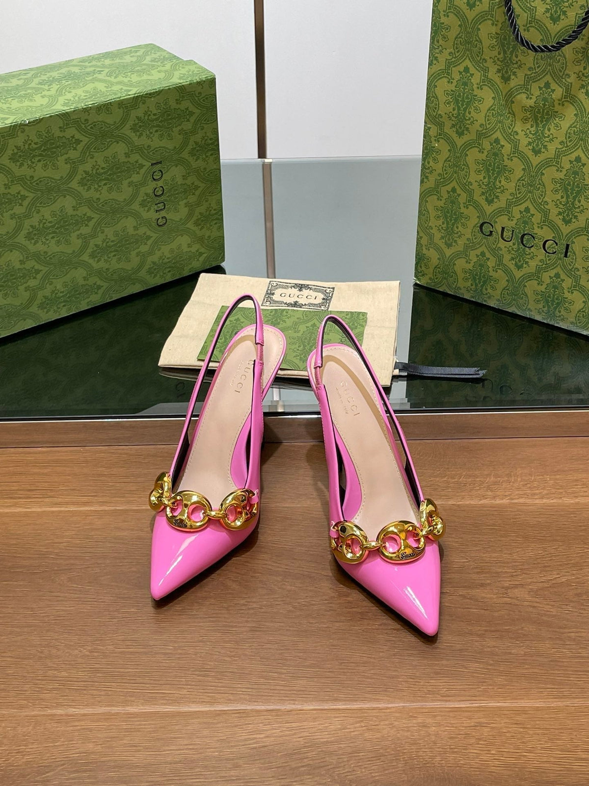 GG HIGH SLINGBACK 10.5 CM IN FUSICA PINK GLOSSY CALFSKIN