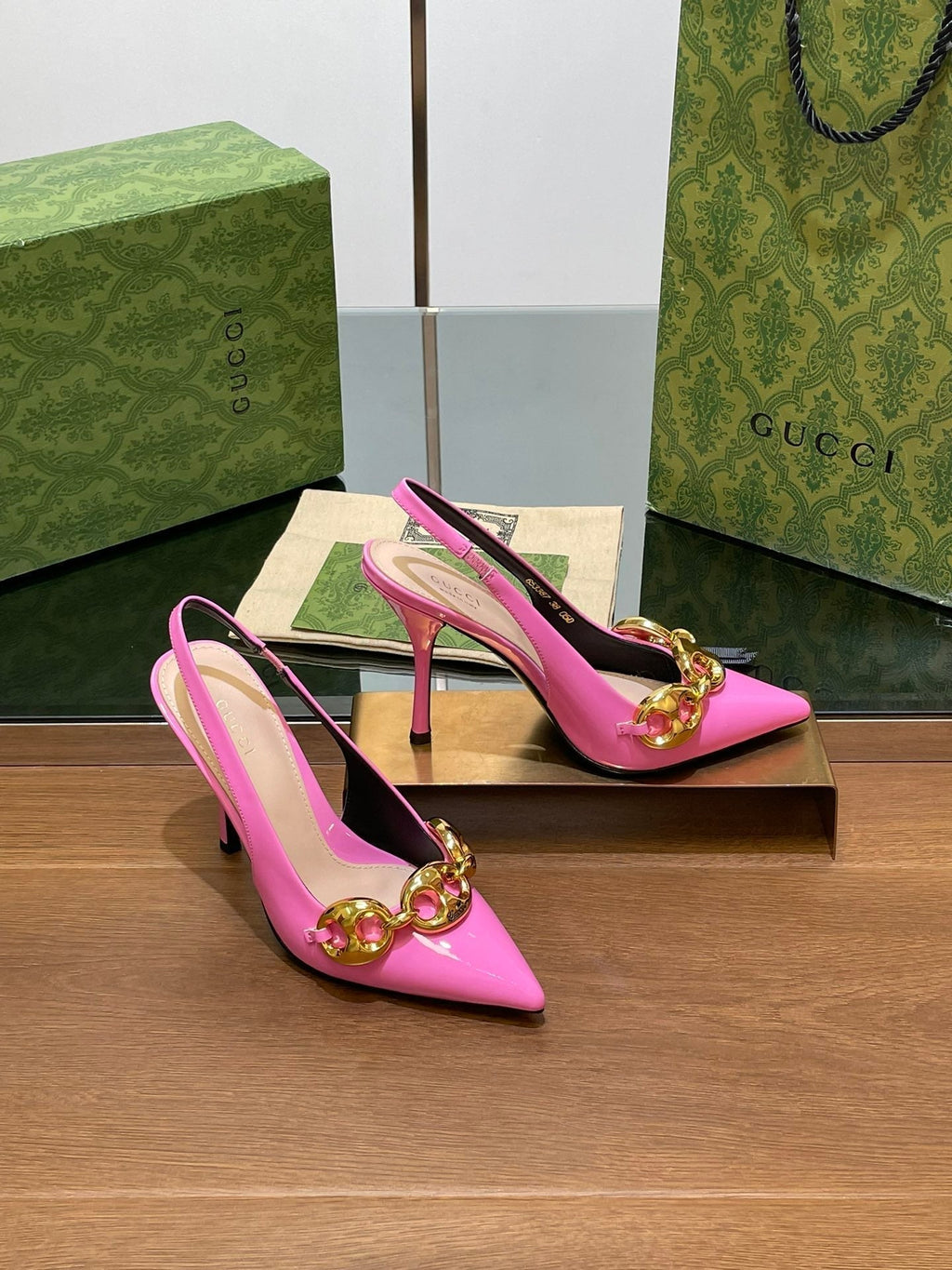 GG HIGH SLINGBACK 10.5 CM IN FUSICA PINK GLOSSY CALFSKIN
