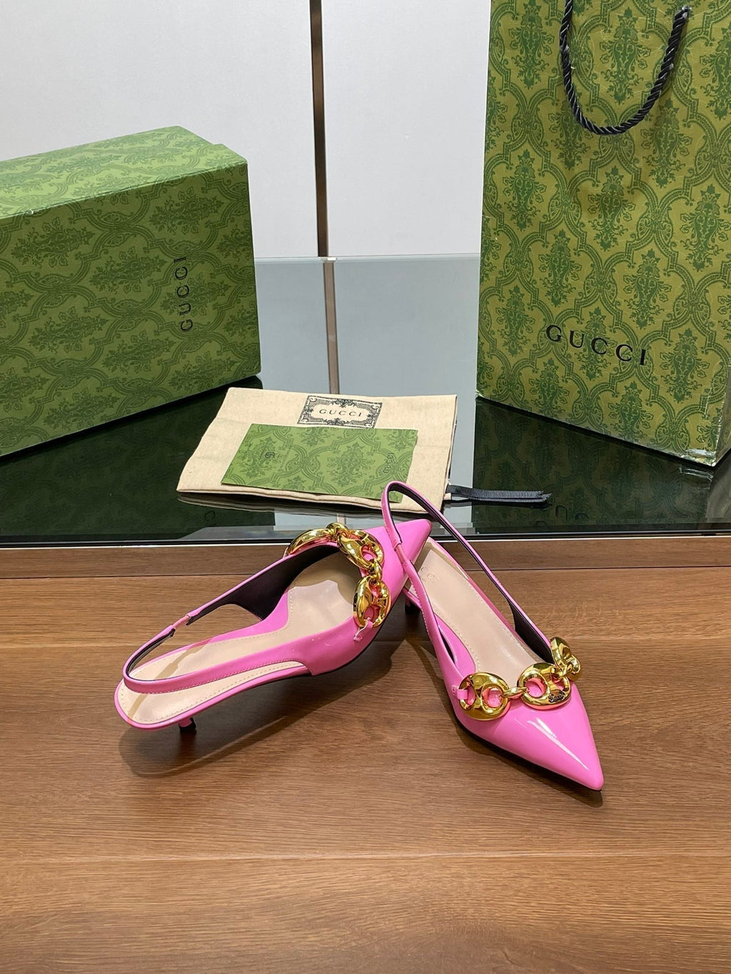 GG MID-HEELED SLINGBACK 4.5 CM IN FUSICA PINK GLOSSY CALFSKIN