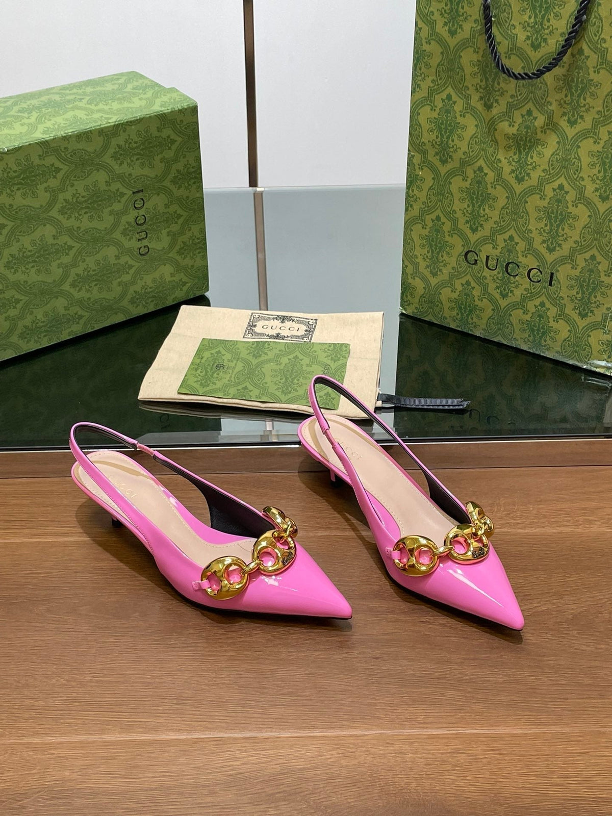 GG MID-HEELED SLINGBACK 4.5 CM IN FUSICA PINK GLOSSY CALFSKIN