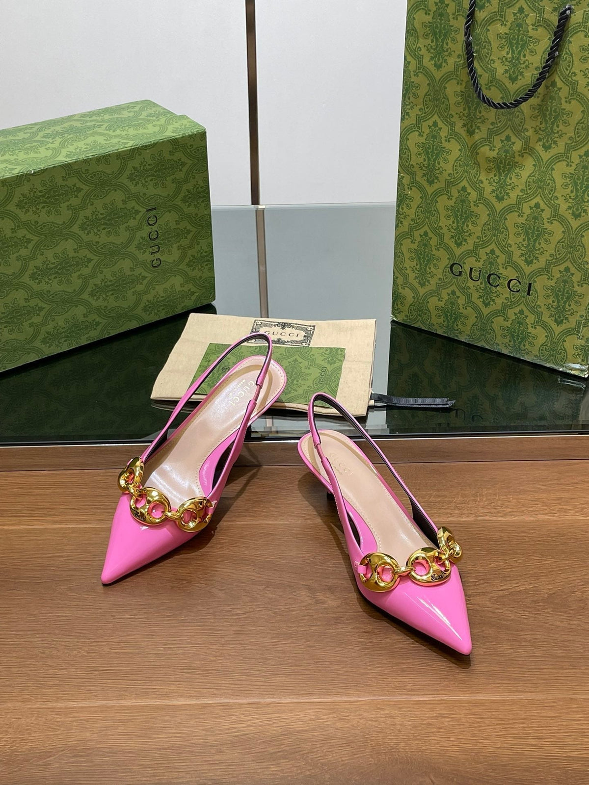 GG MID-HEELED SLINGBACK 4.5 CM IN FUSICA PINK GLOSSY CALFSKIN
