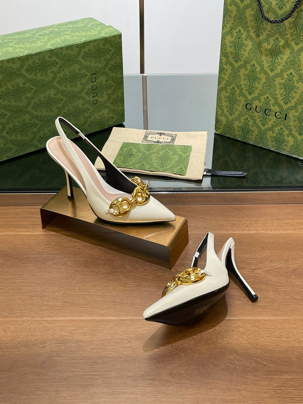 GG HIGH SLINGBACK 10.5 CM IN WHITE GLOSSY CALFSKIN