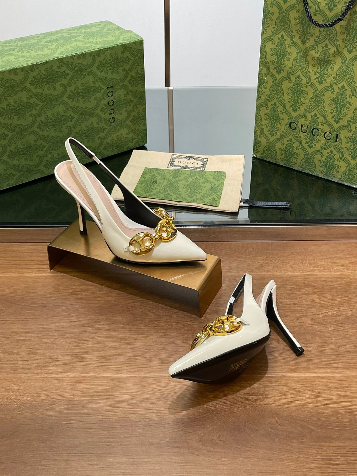 GG HIGH SLINGBACK 10.5 CM IN WHITE GLOSSY CALFSKIN