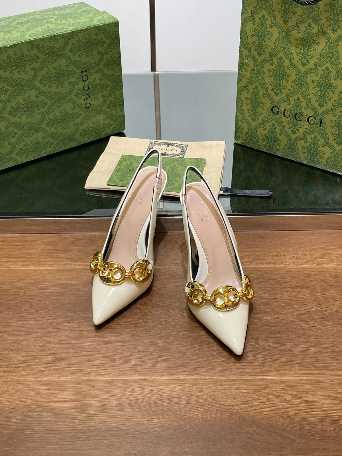 GG HIGH SLINGBACK 10.5 CM IN WHITE GLOSSY CALFSKIN