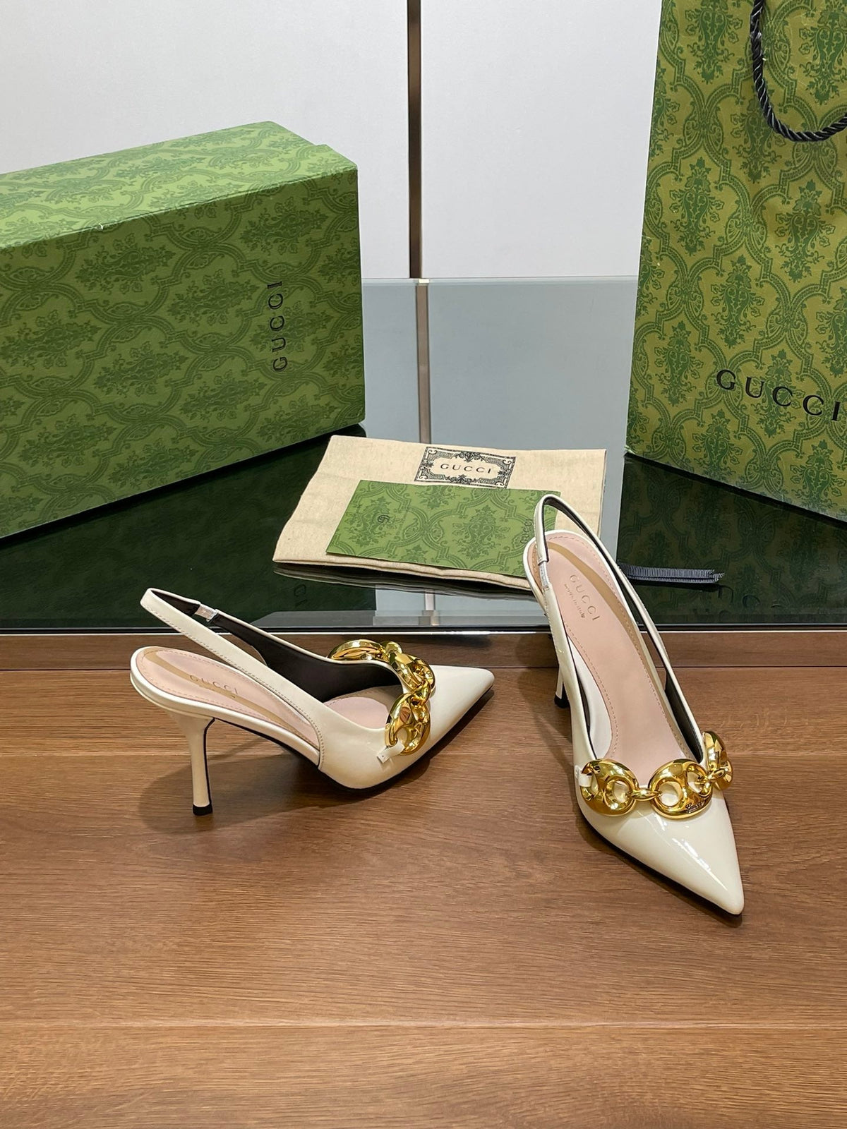 GG HIGH SLINGBACK 10.5 CM IN WHITE GLOSSY CALFSKIN